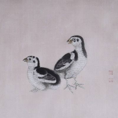 纯手绘国画工笔画字画鸡雏待饲图宋画小品古风书房卧室客厅装饰画