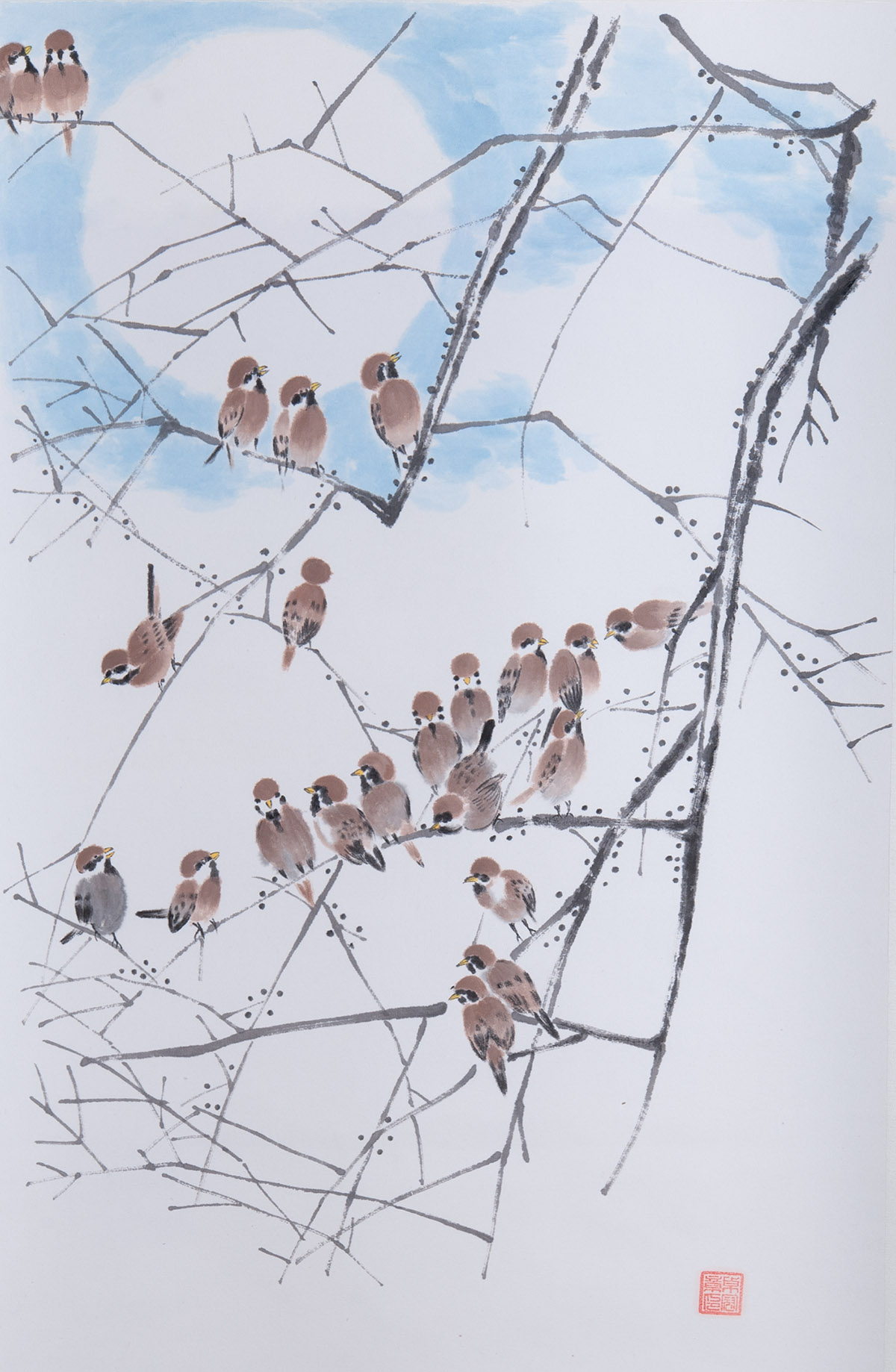纯手绘中国画写意画花鸟水墨画麻雀月亮字画原稿条幅卧室中式装饰