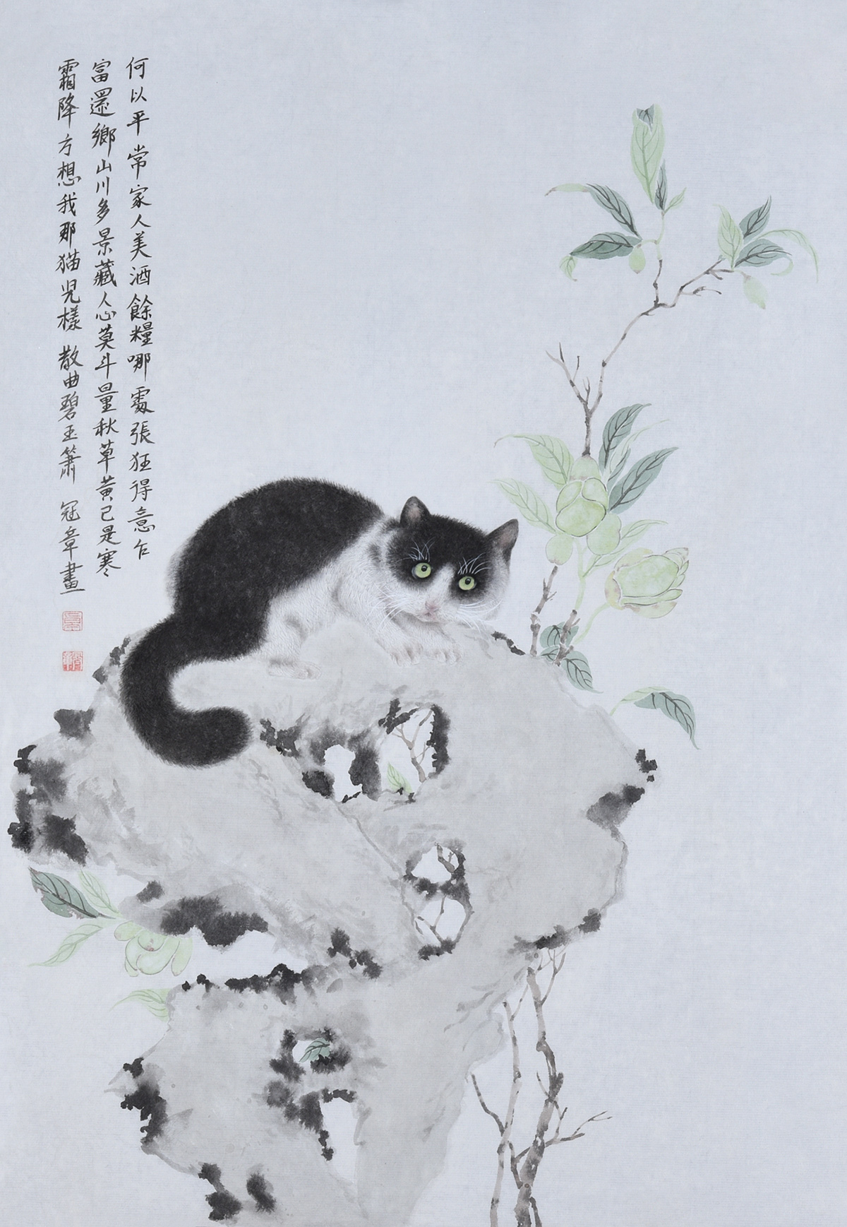 纯手绘国画没骨花鸟画动物画猫太湖石夜合花字画书房客厅中式装饰图片