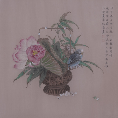 纯手绘国画工笔画字画花鸟画绢本荷花鹦鹉竹篮古典清供书房装饰画