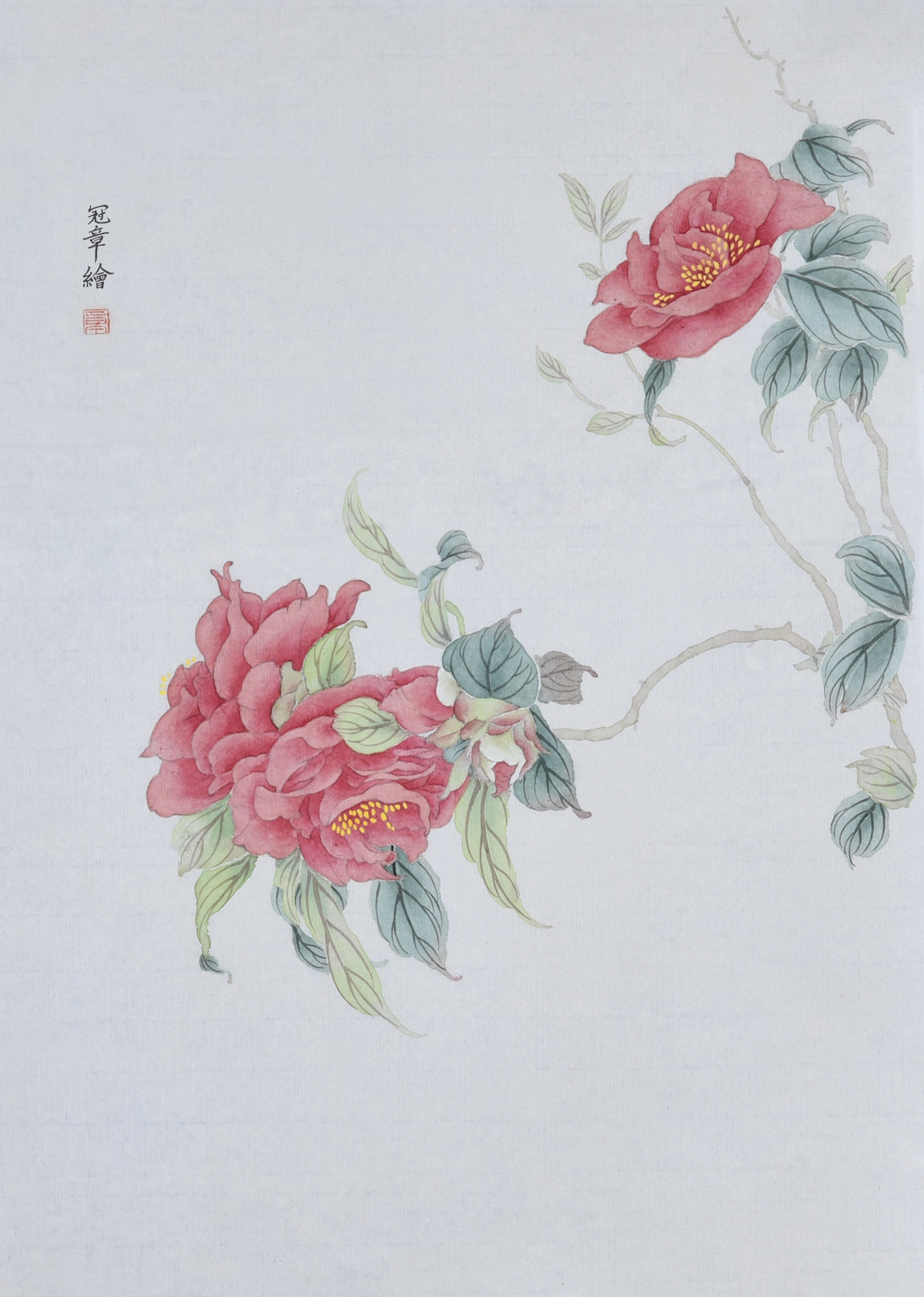 纯手绘国画作品写意画没骨花鸟古典茶花字画新中式卧室客厅装饰画
