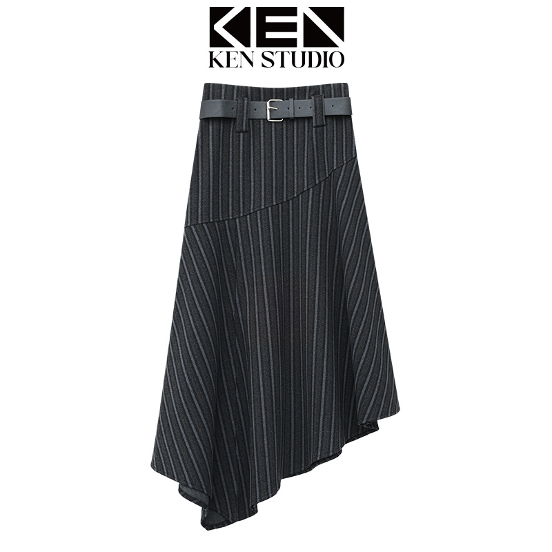 秋冬新款灰色条纹半身裙女不规则设计感修身显瘦A字裙中长裙裙子