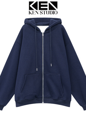 秋冬新款宝蓝色加绒复古开衫卫衣女连帽设计宽松显瘦上衣运动外套