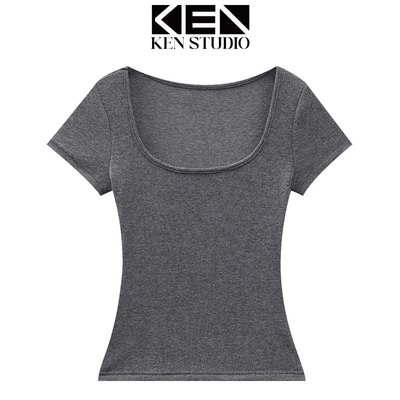 灰色方领正肩短袖T恤女