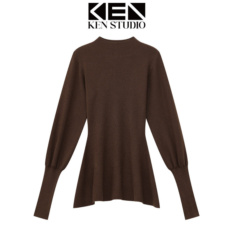 咖啡色半高领长袖针织衫女