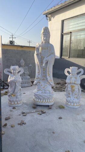 石雕观音三面观音菩萨汉白玉滴水观音佛像寺庙大理石人物雕塑石材