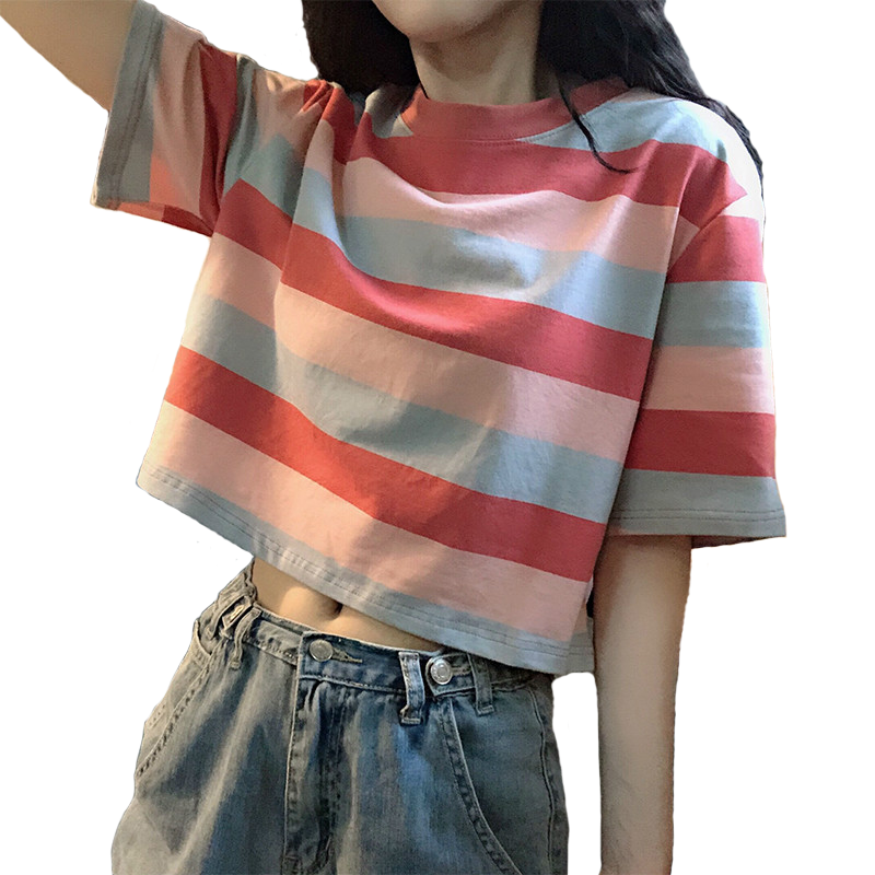 泫雅風(fēng)衣服彩虹條紋短款上衣2024新款高腰韓版新品寬松短袖T恤女