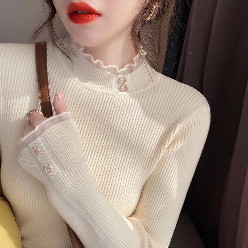 半高领打底衫女秋冬2022新款修身内搭针织上衣百搭蕾丝边爆款毛衣