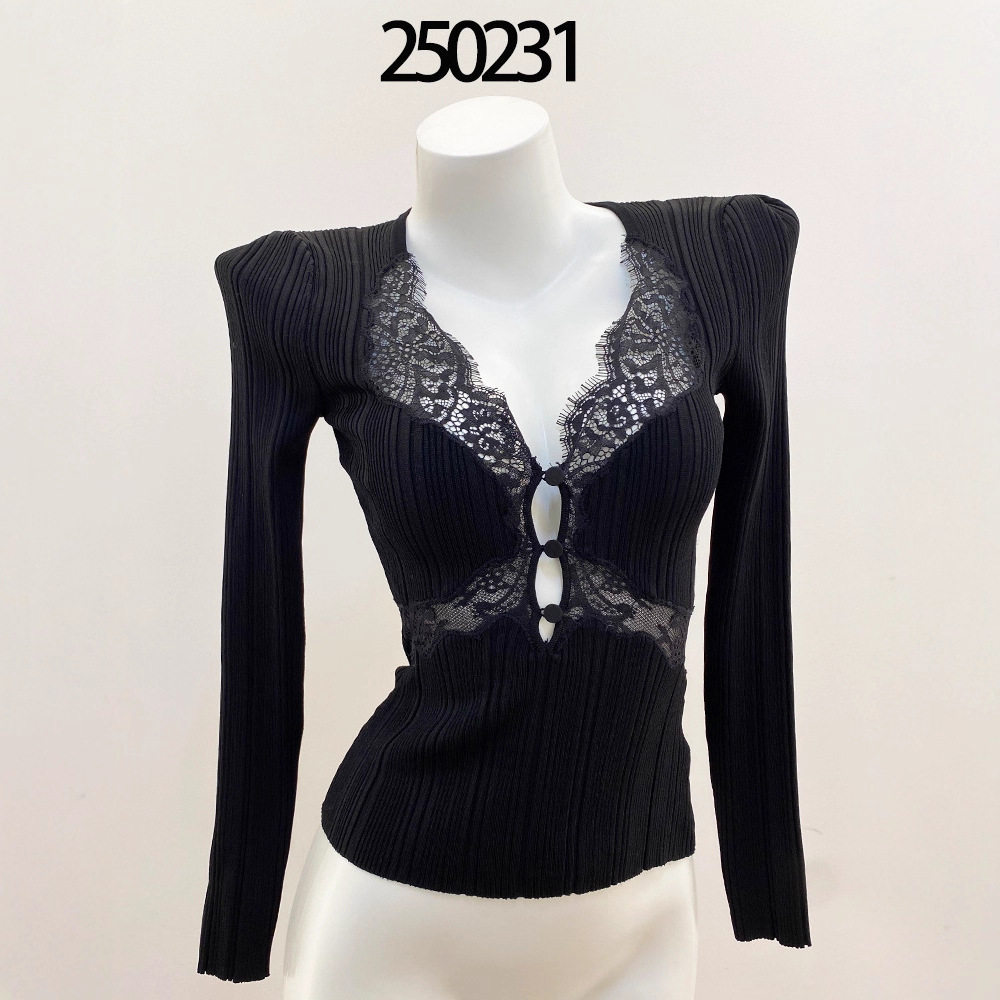 S家2026早春新款蕾丝刺绣镂空性感修身螺纹小众软糯针织上衣女装