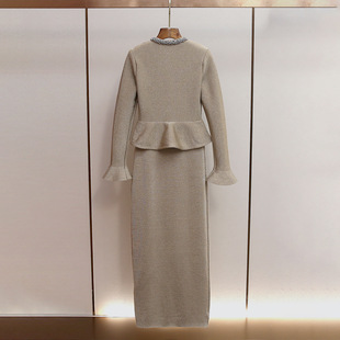 荷叶边上衣包臀半身裙套装 高级感千金镶钻喇叭袖 法式 S家秋冬新款