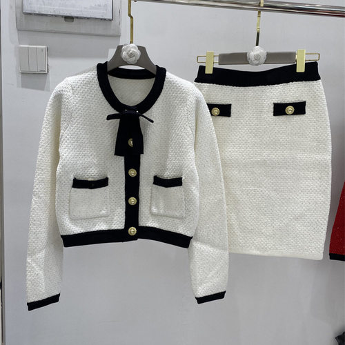 SP同款蝴蝶结圆领短开衫外套+半裙二件套2025秋冬时尚新款女装