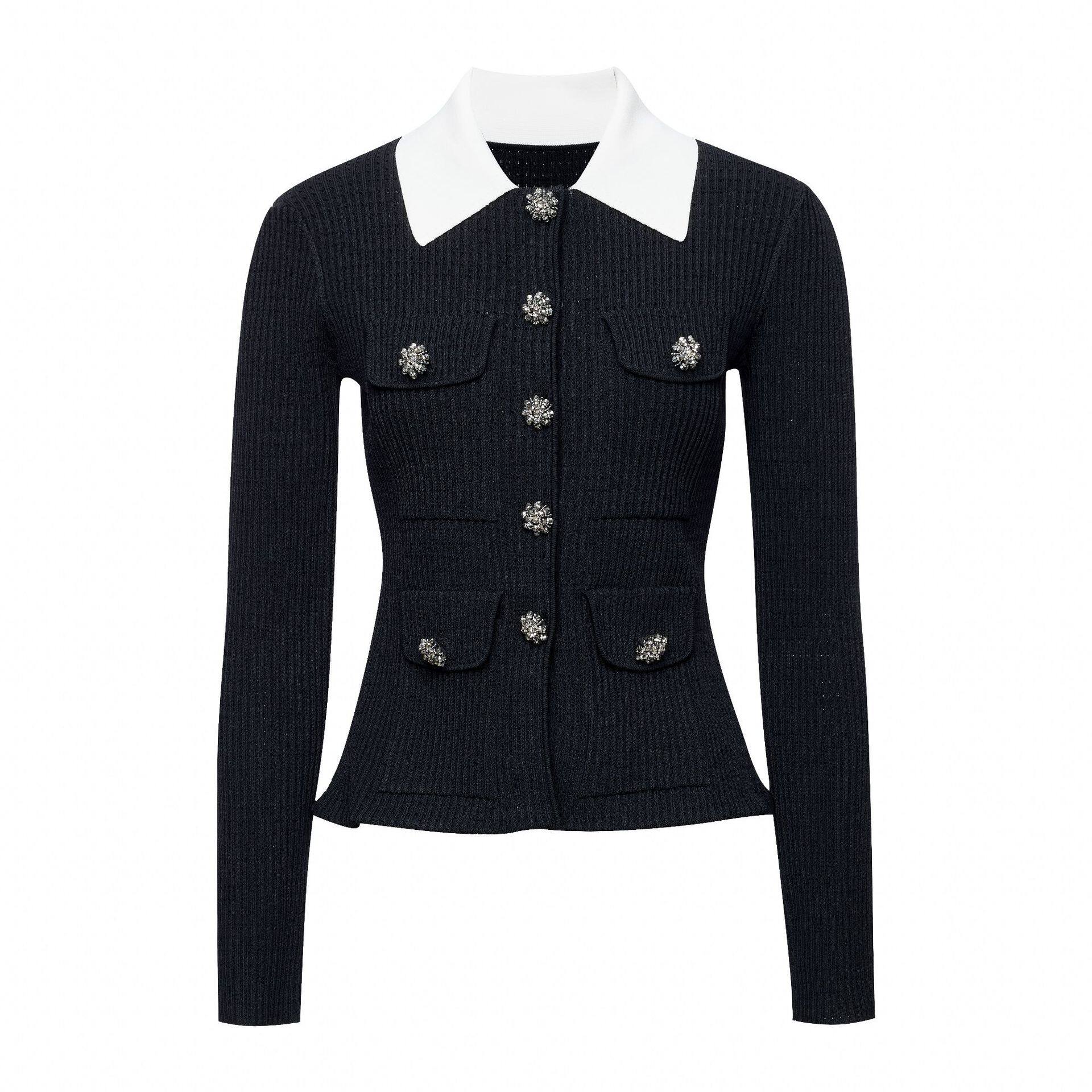 2026春秋新款小香风套装黑色polo领针织开衫+百褶半身裙两件套女