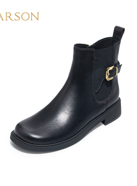 哈森冬靴清仓圆头方跟休闲时装靴低跟皮带扣女短靴HA226613