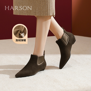 哈森复古切尔西靴女秋冬新款羊反绒及裸靴时装短靴HWA240125