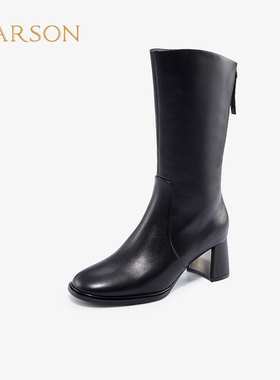 哈森 品牌特卖秋冬拉链方跟女靴圆头休闲中筒显瘦时尚女靴HA10851