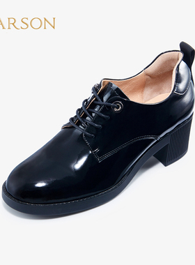 哈森特卖春季新款英伦小皮鞋粗跟圆头德比鞋纯色女单鞋HS228801