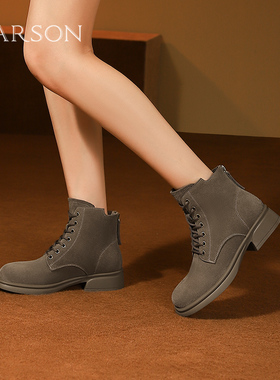 哈森英伦复古工装靴女冬季新款绒面女短靴马丁靴HWA240150