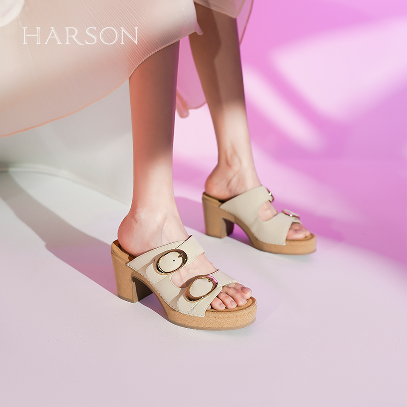 Harson/哈森粗跟夏季拖鞋