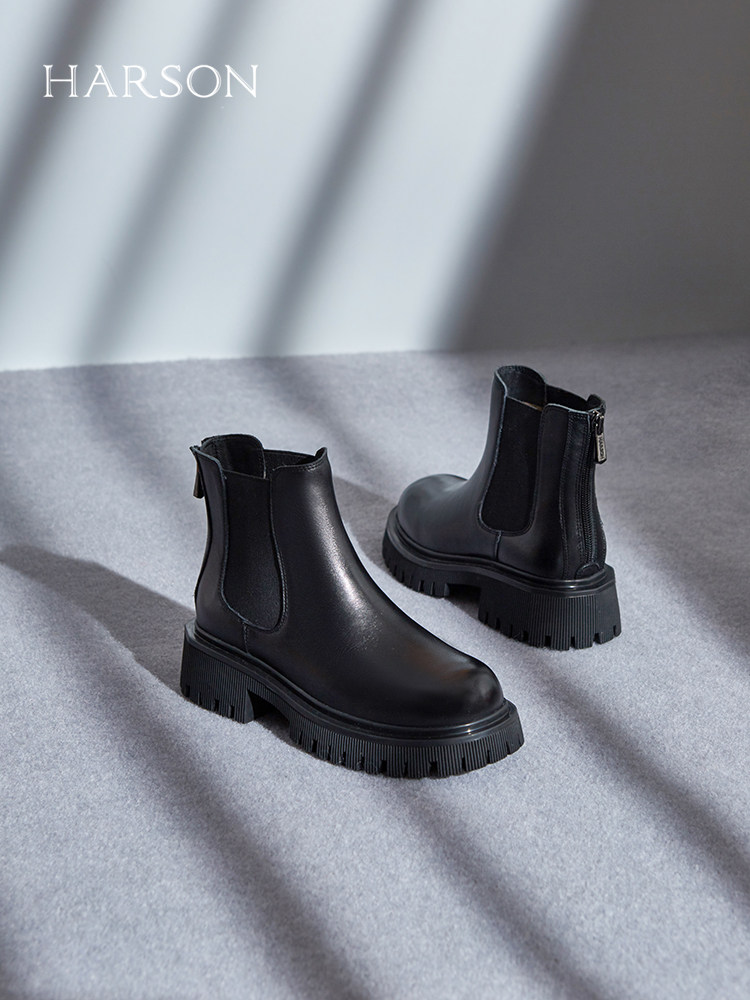 HAZEN 겨울 부츠 클리어런스 몰 숏 부츠 솔리드 컬러 라운드 발가락 여성용 첼시 굴뚝 부츠 플러스 벨벳 HA221712