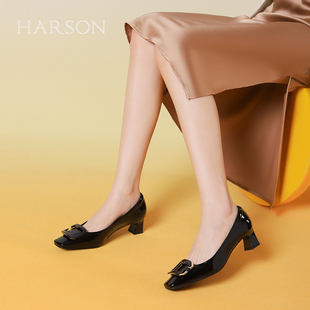 哈森通勤方扣单鞋女春秋新款方头粗跟职场工作女鞋HWS240120