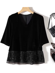 安瑞丝奇细腻手感百褶拼接欧根纱流苏女亮钻刺绣真丝绒打底衫 上衣