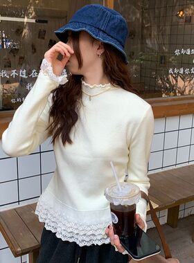 300斤大码女装胖m韩系甜美收腰显瘦蕾丝拼接打底衫女上衣秋冬新款