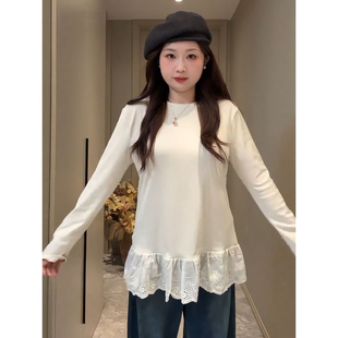 300斤大码女装胖mm秋冬法式蕾丝花边拼接长袖百搭打底衫上衣