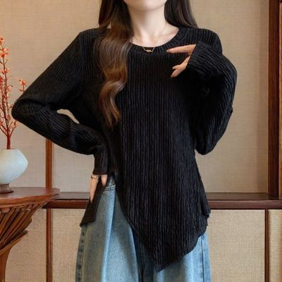 300斤不规则开叉长袖T恤大码女装打底衫胖mm显瘦遮肚子正肩上衣女