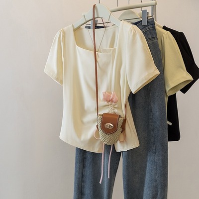 300斤大码女装短袖方领不规则T恤泡泡袖夏季系带高腰v领法式上衣2