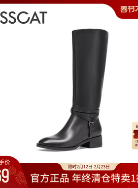 KISSCAT接吻猫新款真皮复古增高长筒靴女黑色骑士靴粗跟时装靴女