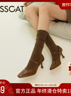 KISSCAT接吻猫[翎羽系列]春季法式一字带高跟鞋复古玛丽珍单鞋女