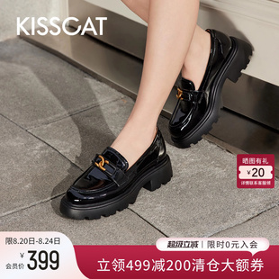 女 KISSCAT接吻猫秋季 新款 英伦风增高小皮鞋 厚底真皮乐福鞋