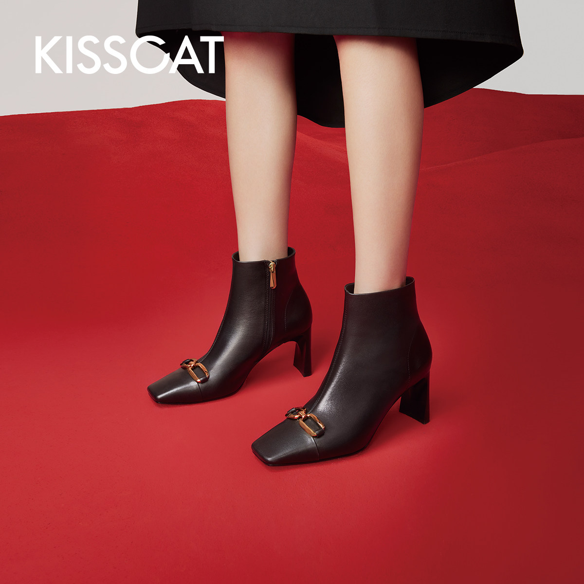 KISSCAT接吻猫真皮粗跟时装靴女