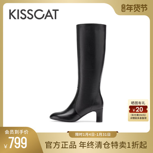 KISSCAT接吻猫秋季新款尖头高跟时装靴女粗跟长筒骑士靴女士长靴