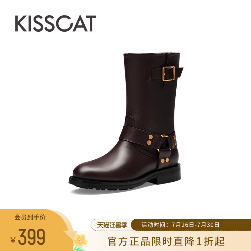 接吻猫秋季新款时尚复古长筒西部牛皮靴流行增高加绒骑士靴女