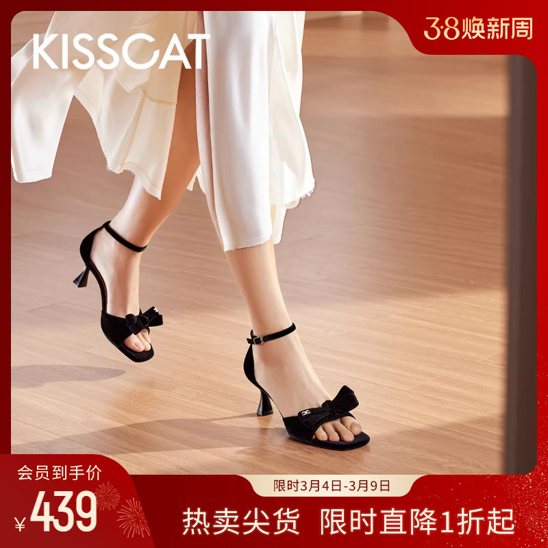KISSCAT接吻猫夏季气质休闲绒面蝴蝶结高跟鞋细跟时装凉鞋女