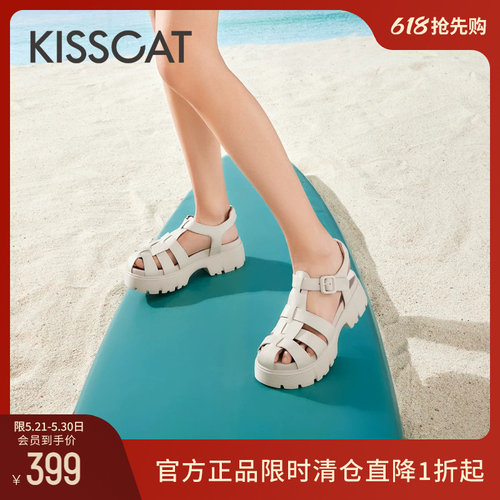 KISSCAT接吻猫夏季百搭度假海边包头猪笼鞋厚底休闲罗马凉鞋女
