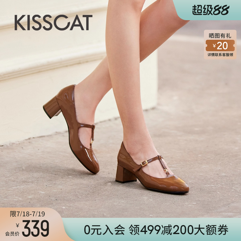 接吻猫粗跟复古蔷薇玛丽珍鞋