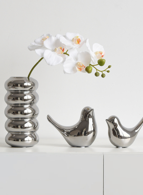 ins北欧现代轻奢设计高级感电镀银陶瓷小鸟花瓶家居装饰品摆件