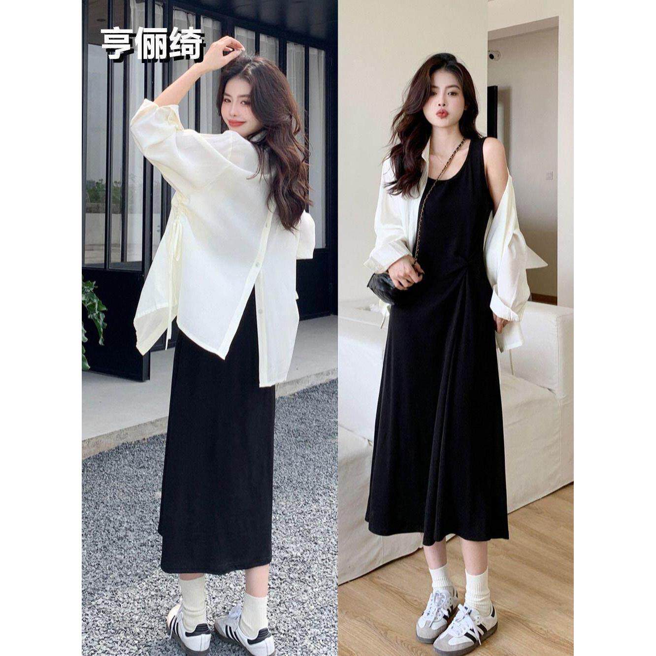春秋搭配一整套女大码微胖mm显瘦高级感吊带连衣裙外搭开衫两件套
