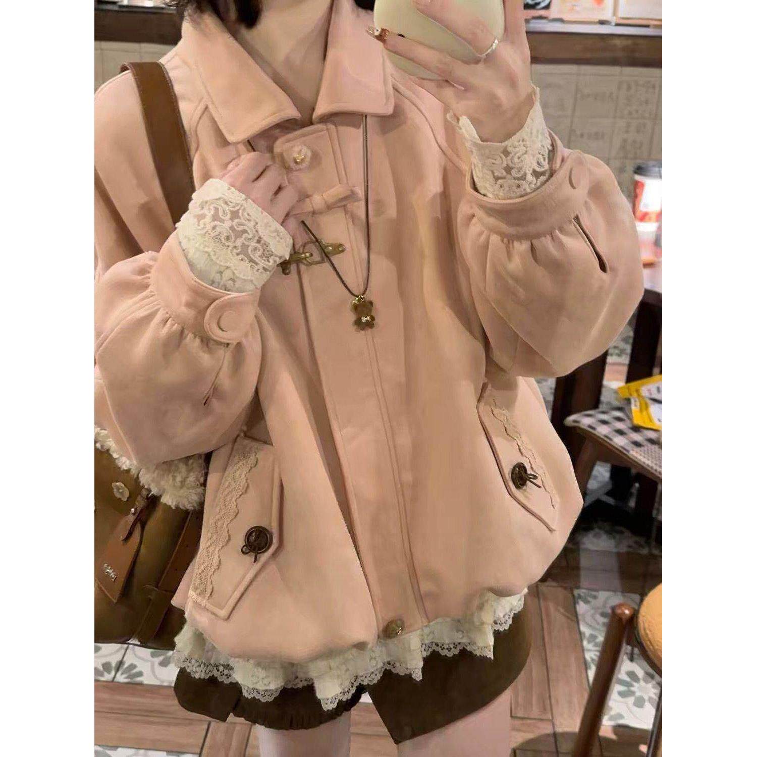 日系古早穿搭粉色可爱加厚宽松花苞外套女学院小个子棉服秋