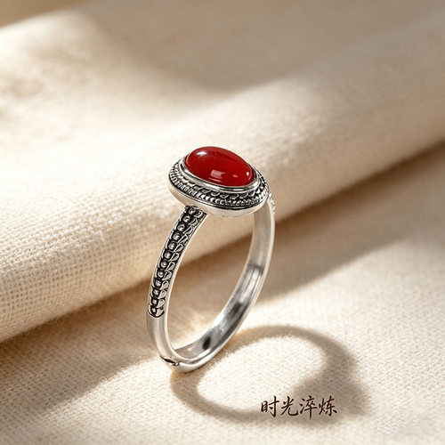 德琳居 s925银泰银镶嵌南红玛瑙简约几何蛋面戒指气质女时尚指环