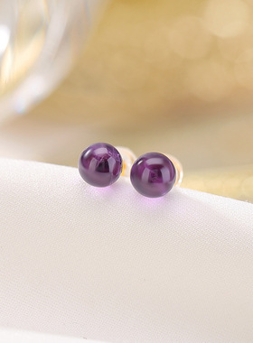 JHEPAN s925纯镀金天然紫水晶耳钉简约几何圆珠百搭通勤气质银耳