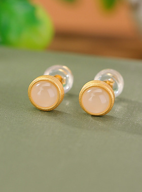 JHEPAN s925纯银镀金和田玉白玉圆珠几何圆形简约小巧ins风银耳钉