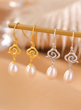 JHEPANs925纯银镀金淡水珍珠国潮民族风祥云耳坠复古气质耳钩耳饰