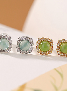 JHEPAN s925纯银天然和田玉碧玉翡翠复古新中式气质菱形圆形银耳