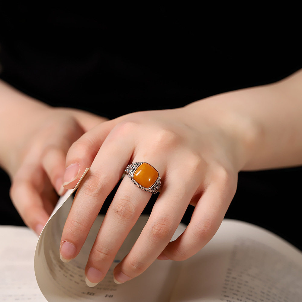 德琳居 s925银镶蜜蜡戒指泰银做旧女士指环新中式文艺复古手饰