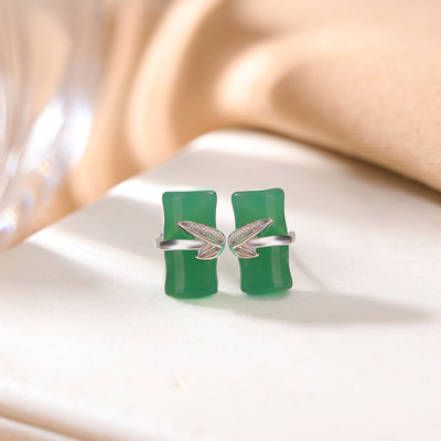 JHEPAN s925纯银白玉髓复古竹节竹叶耳钉国风气质百搭节节高升