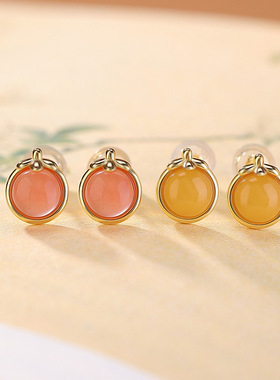 JHEPANS925纯镀金水红南红玛瑙蜜蜡柿柿如意圆形耳钉新年耳饰