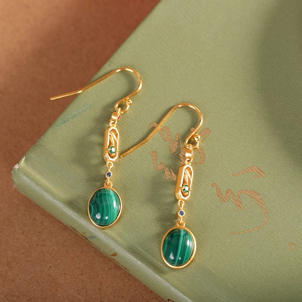 德琳居 s925银镀金镶孔雀石耳坠长款气质耳环个性时尚百搭耳饰